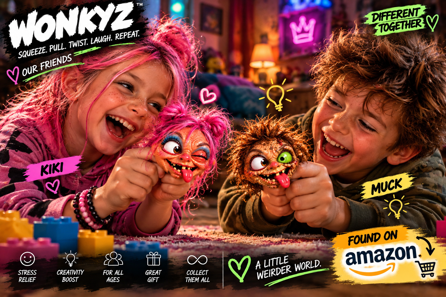 Two children playing with KIKI and MUCK finger puppets, with the WONKYZ Amazon callout